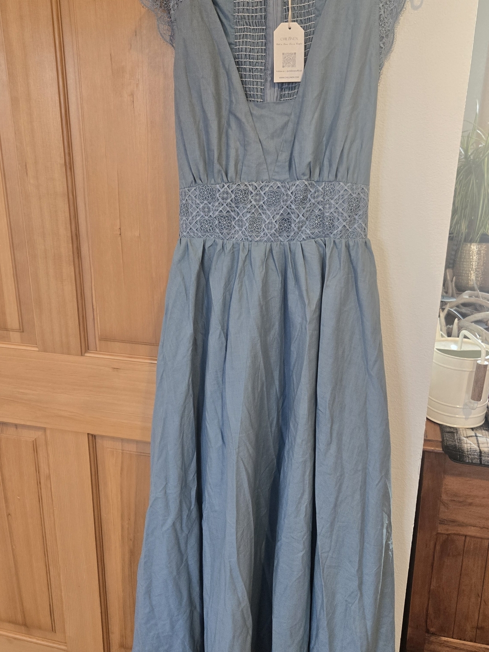 Chillinen Blue Vintage Inspired Maxi Dress with Lace Waist And Shoulders